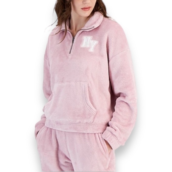 NWT Hippie Rose Juniors' Super Soft Quarter-Zip Pullover NY Sweatshirt pink S - Picture 1 of 17